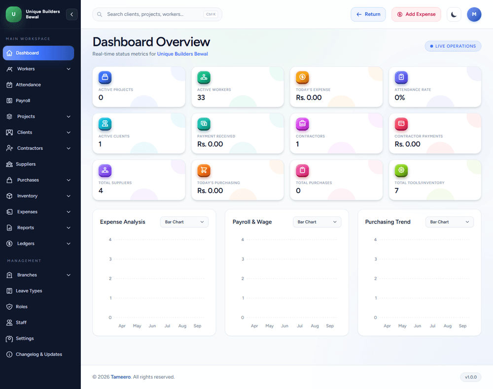 Tameero Construction ERP Dashboard Preview